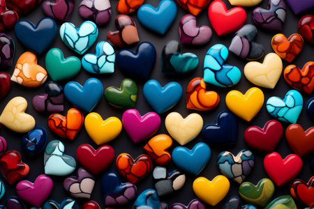 Artistic representation of various heart shapes in different sizes and colors.の素材
