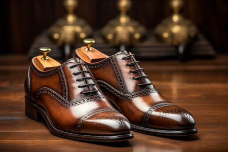 A pair of polished brown leather shoes on a rustic wooden floor.の素材