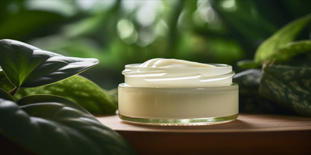 Open jar of cream on a stack of wooden coasters with green sprigs in the background on a white surface.の素材