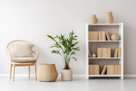 Modern minimalist living space with a rattan chair, white shelving unit, and houseplants.の素材