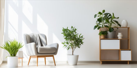 Modern minimalist living space with a rattan chair, white shelving unit, and houseplants.の素材
