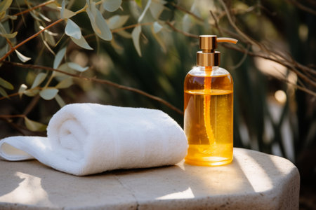 Amber glass soap dispenser on a stone surface with eucalyptus leaves and a white towel.の素材