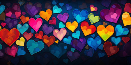 Artistic representation of various heart shapes in different sizes and colors.の素材