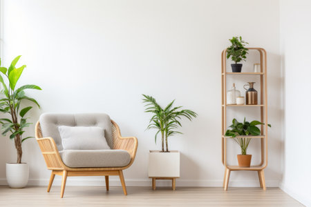Modern minimalist living space with a rattan chair, white shelving unit, and houseplants.の素材