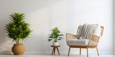 Modern minimalist living space with a rattan chair, white shelving unit, and houseplants.の素材