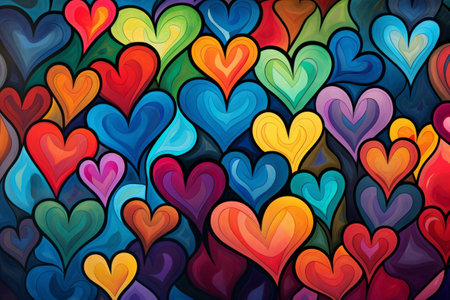 Artistic representation of various heart shapes in different sizes and colors.の素材
