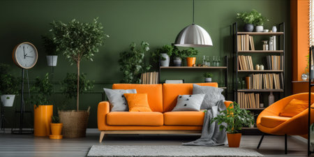 Cozy living room corner with a vintage orange sofa, decorative plants, and a stylish floor lamp.の素材