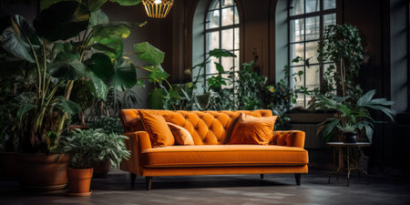 Cozy living room corner with a vintage orange sofa, decorative plants, and a stylish floor lamp.の素材