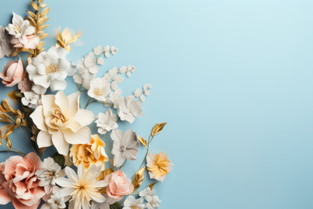 Assorted fresh flowers and leaves artistically arranged on a pastel blue background.の素材