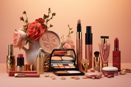 Assorted makeup products and accessories creatively arranged on a beige background.の素材
