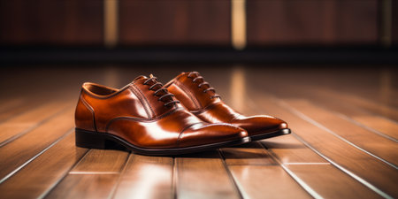 A pair of polished brown leather shoes on a rustic wooden floor.の素材