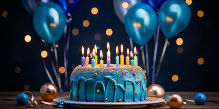 A festive birthday cake with lit candles and a backdrop of colorful balloons and confetti.の素材