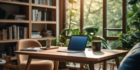 A cozy home office setup with a sofa, bookshelves, and a desk by the window.の素材