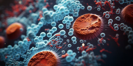 A highly detailed microscopic view of bacteria and microorganisms.の素材