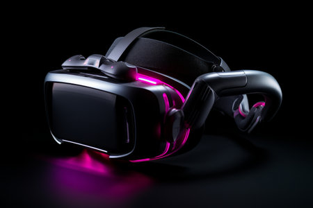 A sleek, modern virtual reality headset glowing with neon pink accents on a dark background.の素材