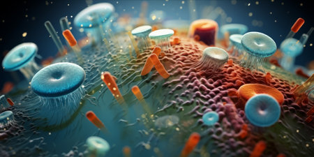A highly detailed microscopic view of bacteria and microorganisms.の素材