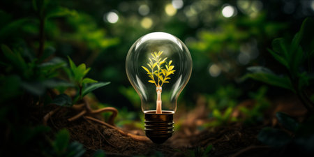 An eco friendly concept image with a lightbulb containing a filament in the shape of a tree surrounded by greenery.の素材