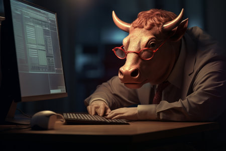 A stylized digital bull wearing glasses, using a computer with a stock market graph on the screen.の素材