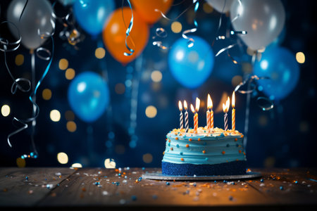 A festive birthday cake with lit candles and a backdrop of colorful balloons and confetti.の素材