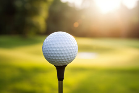 Close up of a golf ball on a tee with a club positioned for a swing on a sunlit course.の素材