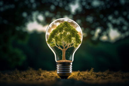 An eco friendly concept image with a lightbulb containing a filament in the shape of a tree surrounded by greenery.の素材
