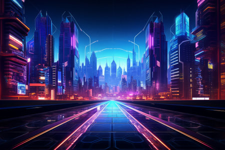 A vibrant cyberpunk cityscape with neon lights and futuristic architecture.の素材