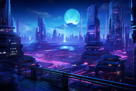 A vibrant cyberpunk cityscape with neon lights and futuristic architecture.の素材