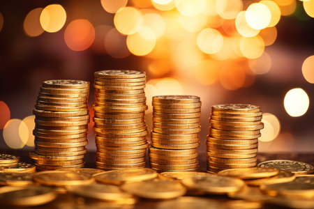 Stacks of gold coins with a warm bokeh light background.の素材