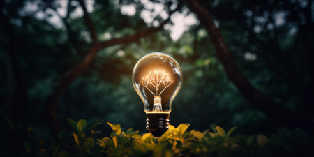 An eco friendly concept image with a lightbulb containing a filament in the shape of a tree surrounded by greenery.の素材