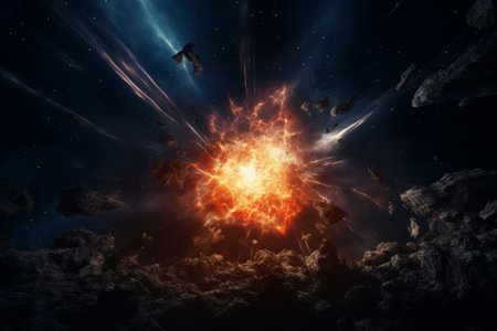 An explosive cosmic event with debris and bright light scattering in space.の素材