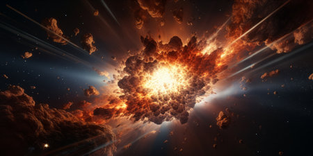 An explosive cosmic event with debris and bright light scattering in space.の素材