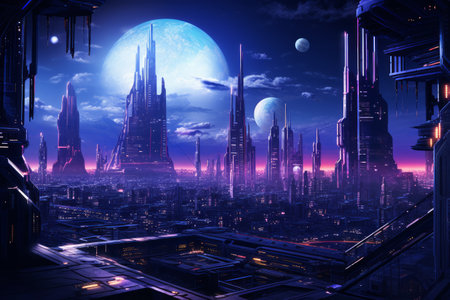 A vibrant cyberpunk cityscape with neon lights and futuristic architecture.の素材