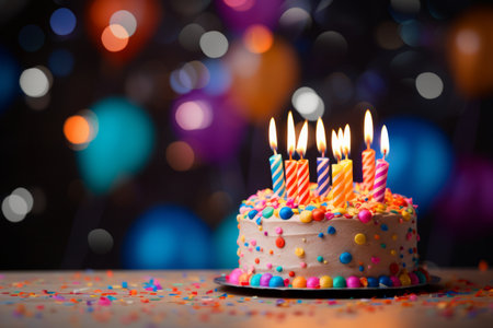 A festive birthday cake with lit candles and a backdrop of colorful balloons and confetti.の素材
