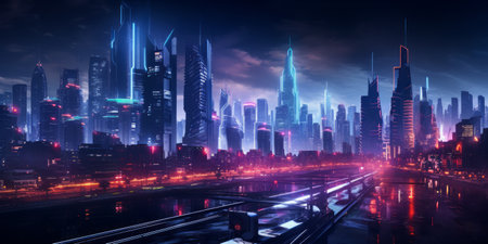 A vibrant cyberpunk cityscape with neon lights and futuristic architecture.の素材