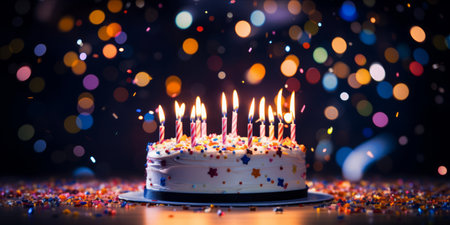 A festive birthday cake with lit candles and a backdrop of colorful balloons and confetti.の素材