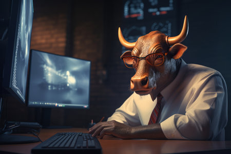 A stylized digital bull wearing glasses, using a computer with a stock market graph on the screen.の素材
