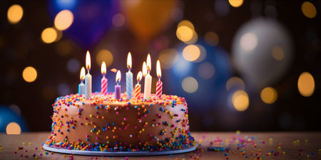 A festive birthday cake with lit candles and a backdrop of colorful balloons and confetti.の素材
