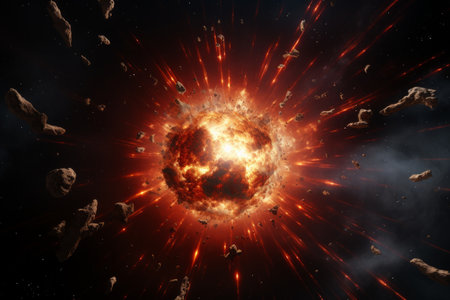 An explosive cosmic event with debris and bright light scattering in space.の素材