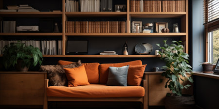 A cozy home office setup with a sofa, bookshelves, and a desk by the window.の素材