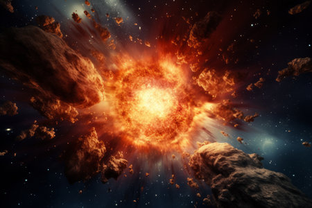 An explosive cosmic event with debris and bright light scattering in space.の素材