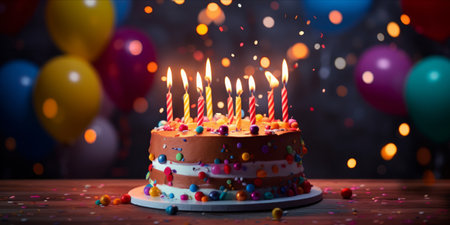 A festive birthday cake with lit candles and a backdrop of colorful balloons and confetti.の素材