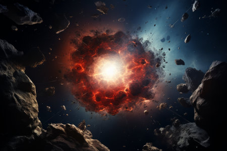 An explosive cosmic event with debris and bright light scattering in space.の素材