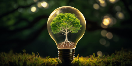 An eco friendly concept image with a lightbulb containing a filament in the shape of a tree surrounded by greenery.の素材