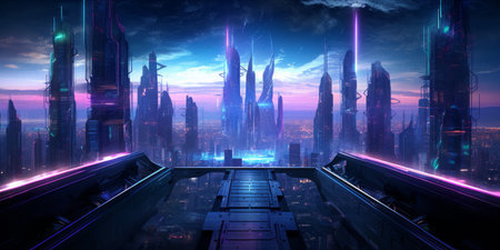 A vibrant cyberpunk cityscape with neon lights and futuristic architecture.の素材