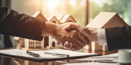 Two people shaking hands over a real estate deal with model houses and documents on the desk.の素材