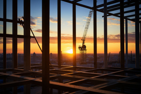 Sunset view through the silhouette of a construction site with cranes in the background.の素材
