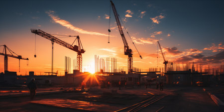 Sunset view through the silhouette of a construction site with cranes in the background.の素材