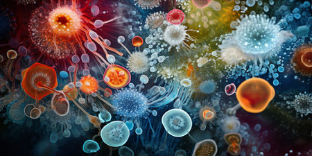 A highly detailed microscopic view of bacteria and microorganisms.の素材
