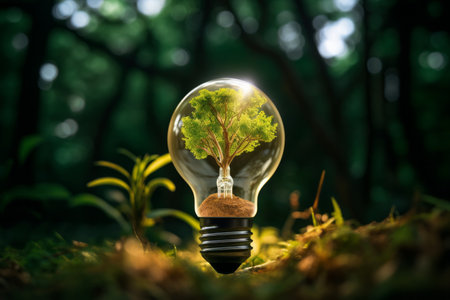 An eco friendly concept image with a lightbulb containing a filament in the shape of a tree surrounded by greenery.の素材
