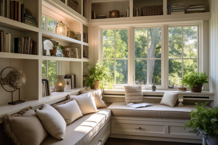 A cozy home office setup with a sofa, bookshelves, and a desk by the window.の素材
